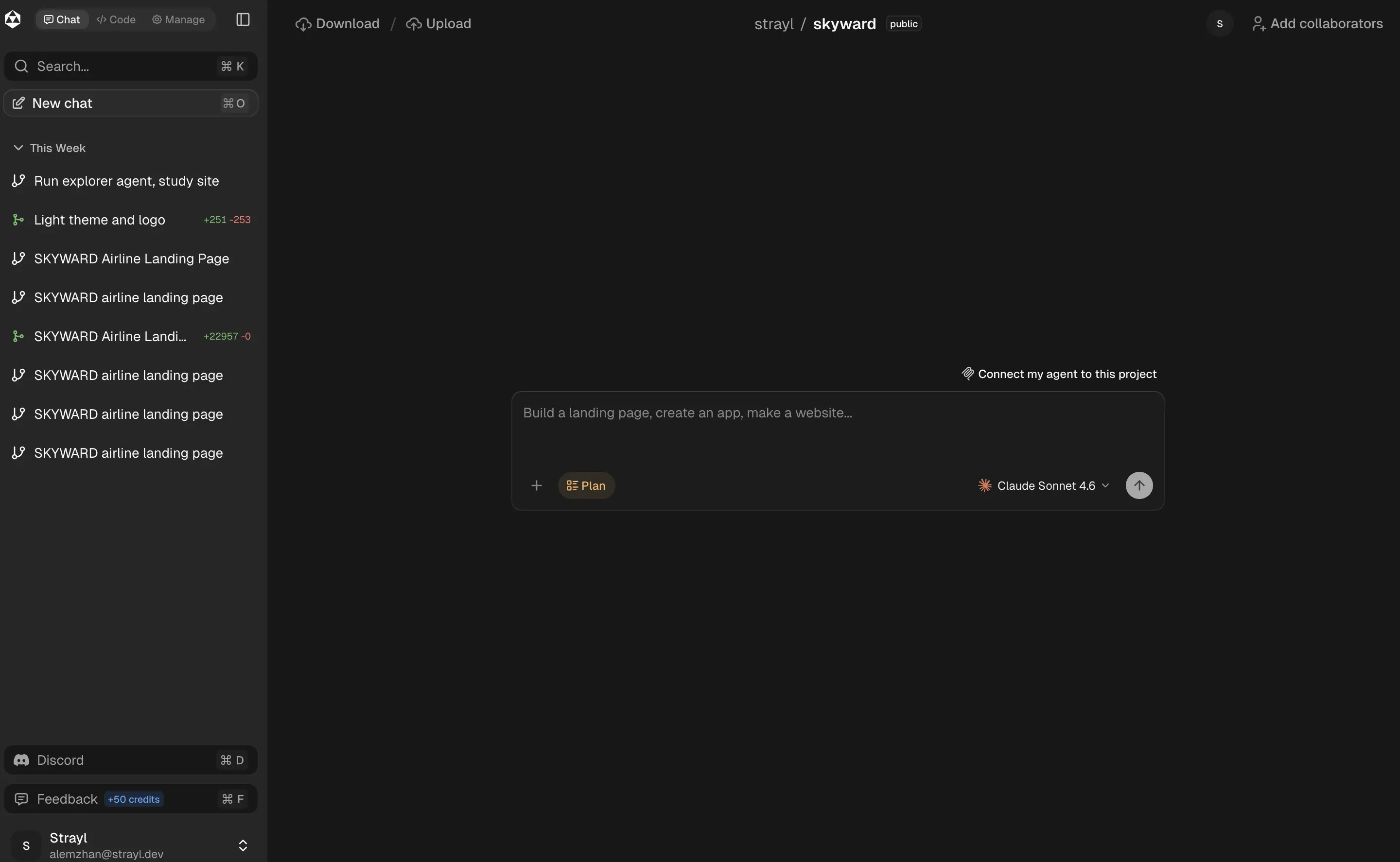 Strayl chat interface — AI assistant building your app